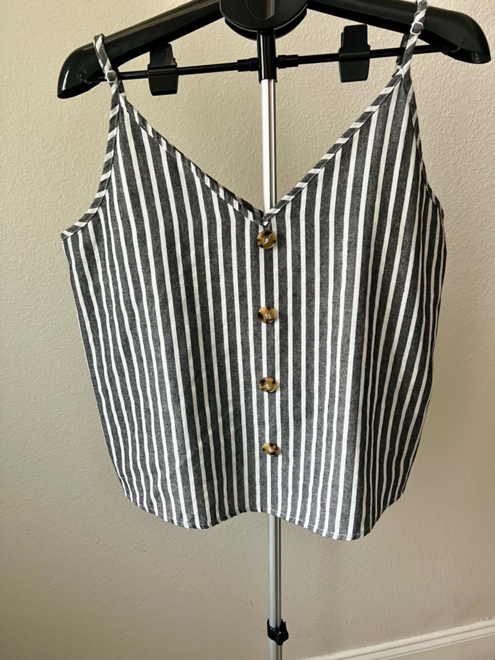 SHEIN Black & White Striped Linen V-Neck Button Front Cami